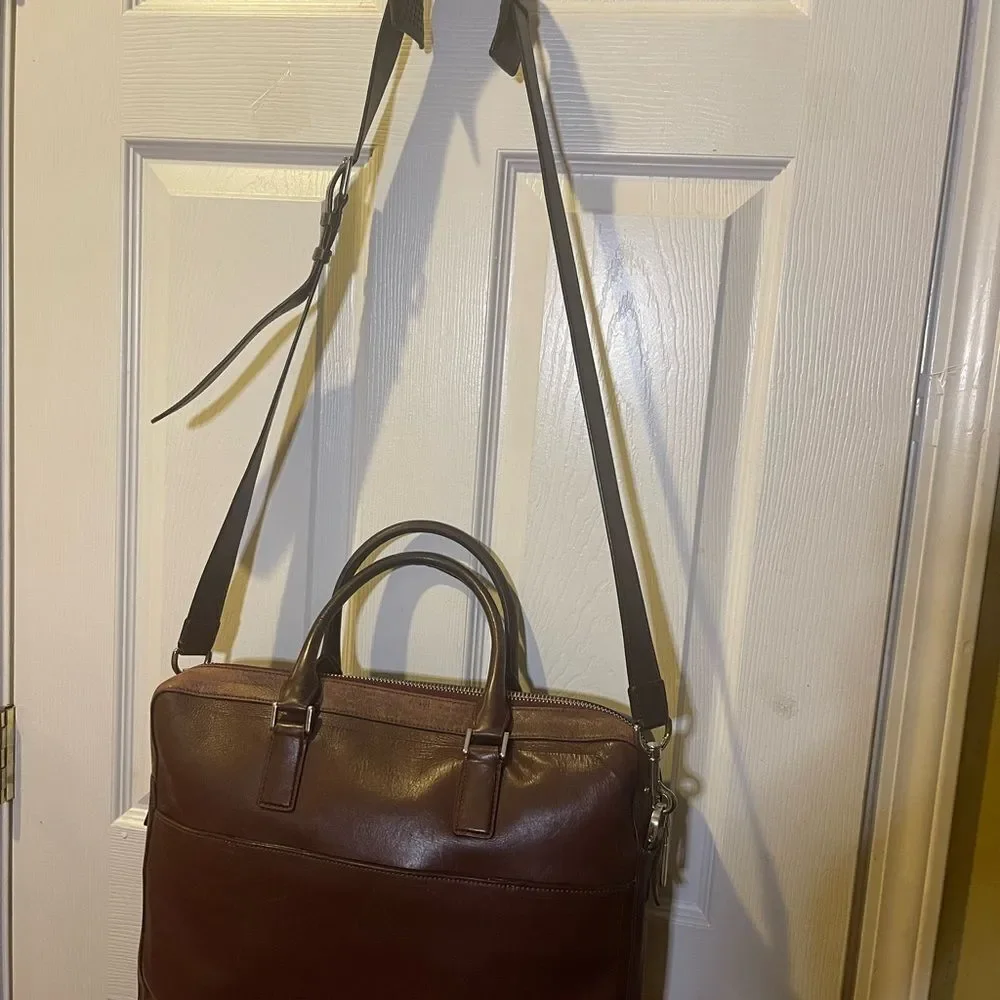 Cole Haan leather deep Brown Hamilton laptop bag with silver tone hardwares